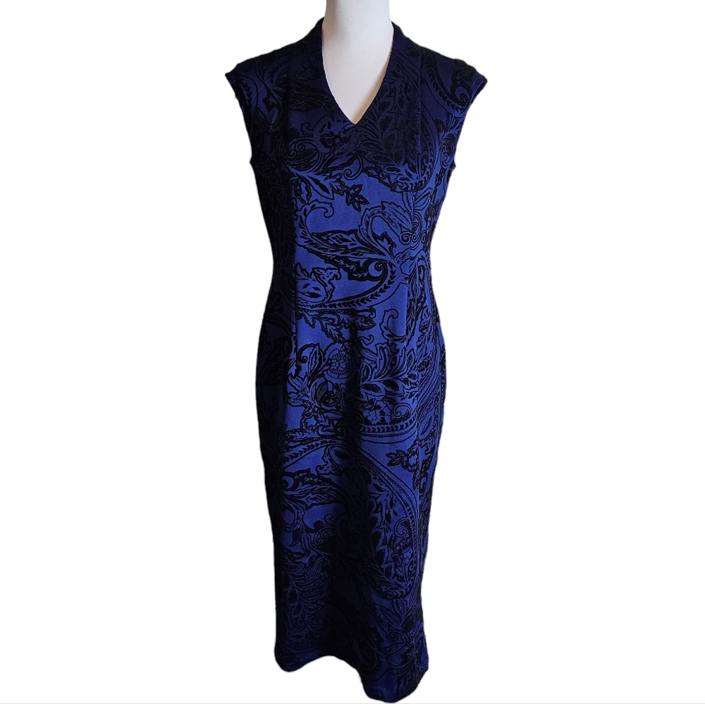 SL Fashions Blue Black Velvet Floral Scroll Midi Sheath Dress Size 6 Cocktail